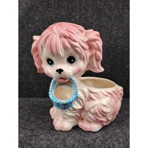 Vintage Japan Pink Puppy Dog Planter Original Sticker RB
